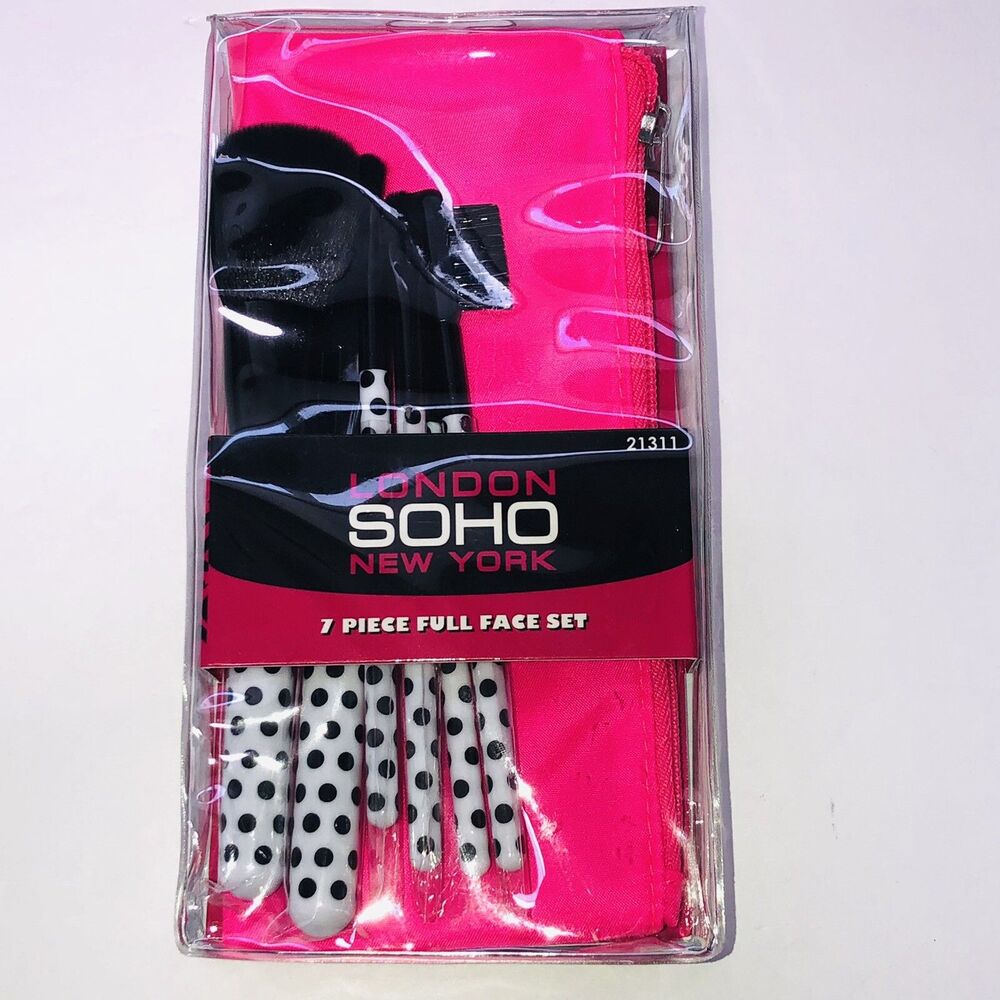 London Soho New York 7 Piece Full Face Set Dots Cosmetic Brush Travel Bag NIP